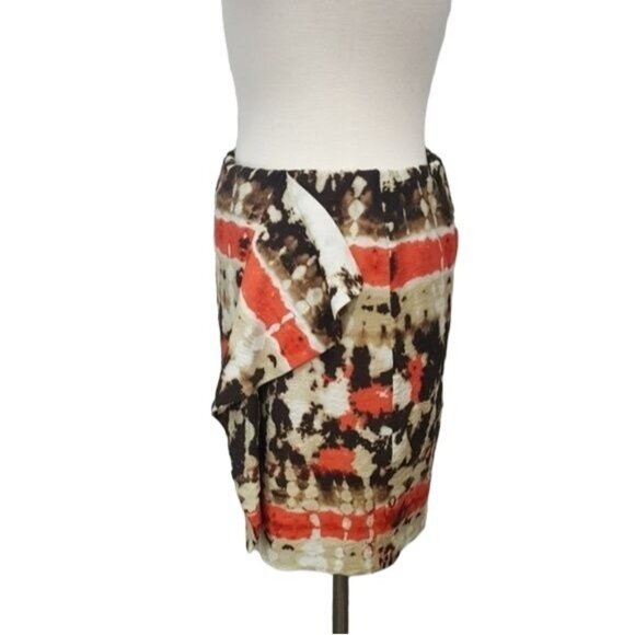 Vince Camuto Skirt Abstract Tie-Dye‎ Mini Skirt Faux Wrap Brown Orange 8 Petite - Picture 4 of 8